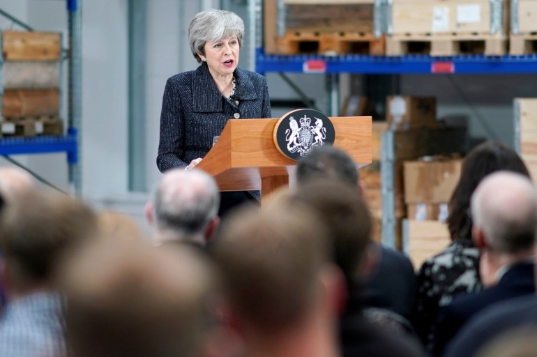 British Prime Minister Theresa May delivers a speech during her visit in Grimsby, Lincolnshire, Britain March 8, 2019. Christopher Furlong/Pool via REUTERS