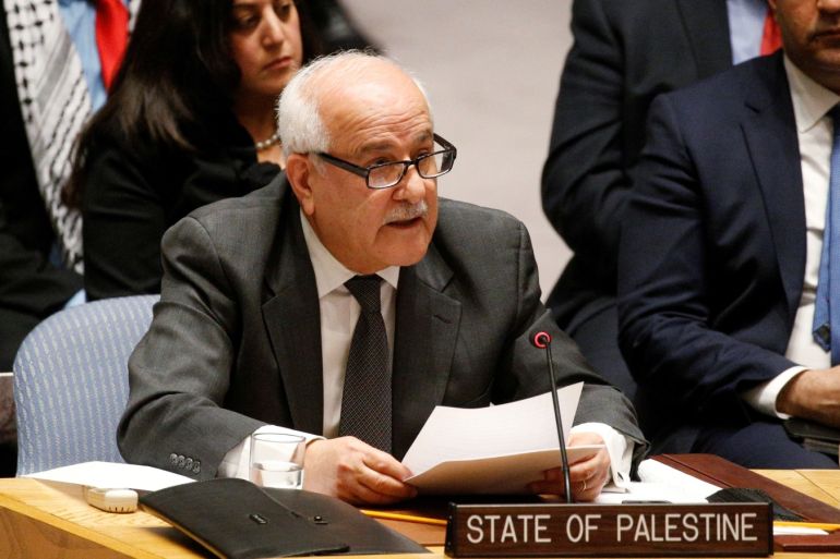 Permanent Observer for the State of Palestine to the U.N. Riyad Mansour addresses the U.N. Security Council meeting on the situation in the Middle East, including Palestine, at the United Nations Headquarters in New York, U.S., December 8, 2017. REUTERS/Brendan McDermid