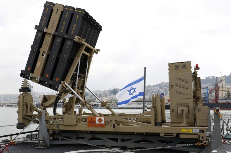 An Iron Dome interceptor system is seen on an Israeli missile boat during Israeli Prime Minister Benjamin Netanyahu's tour at a navy base in Haifa, Israel, February 12, 2019. Jack Guez/Pool via REUTERS