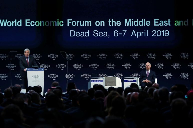 Klaus Schwab, Founder and Executive Chairman of the World Economic Forum (WEF), listens to Secretary General of the United Nations, Antonio Guterres, as he speaks during the opening ceremony of the World Economic Forum on the Middle East and North Africa 2019, at the King Hussein Convention Centre at the Dead Sea, Jordan April 6, 2019. REUTERS/Muhammad Hamed