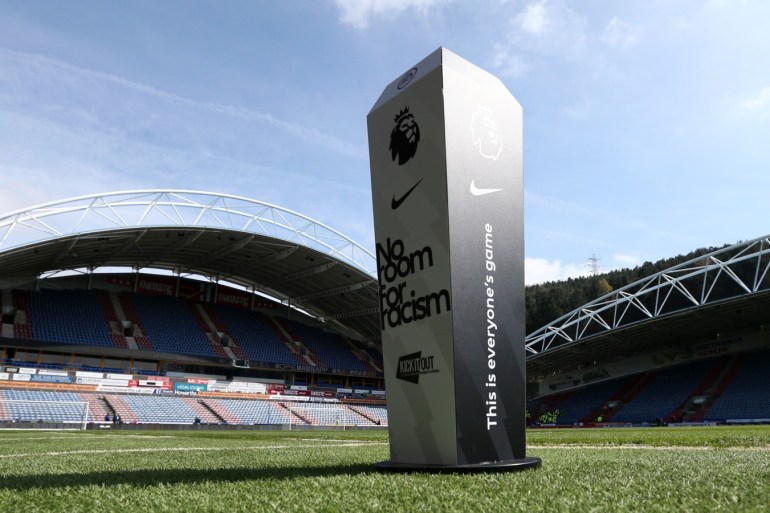 HUDDERSFIELD, ENGLAND - APRIL 06: A plinth supporting the No Room For Racism campaign is seen prior to the Premier League match between Huddersfield Town and Leicester City at John Smith's Stadium on April 06, 2019 in Huddersfield, United Kingdom. (Photo by Jan Kruger/Getty Images)