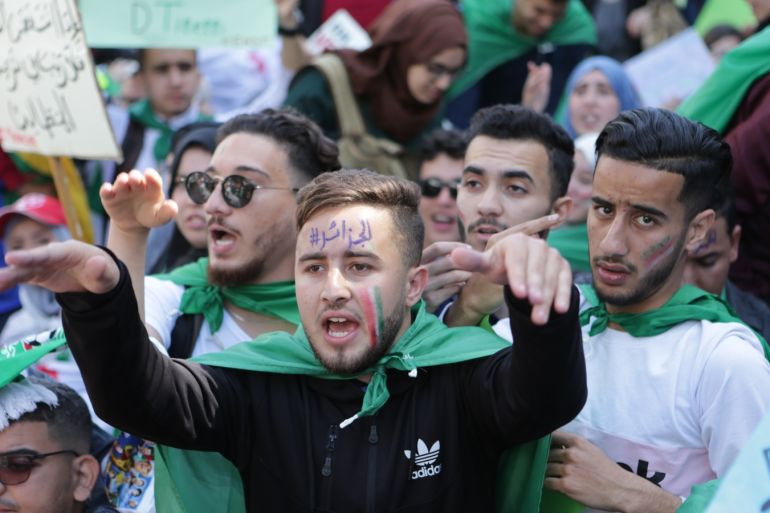 Algerian students' protest against officials affiliated with the regime of Bouteflika- - ALGIERS, ALGERIA - APRIL 16: Students stage a demonstration demanding the departure of all government officials affiliated with former President Abdelaziz Bouteflika, in Algiers, Algeria on April 16, 2019.