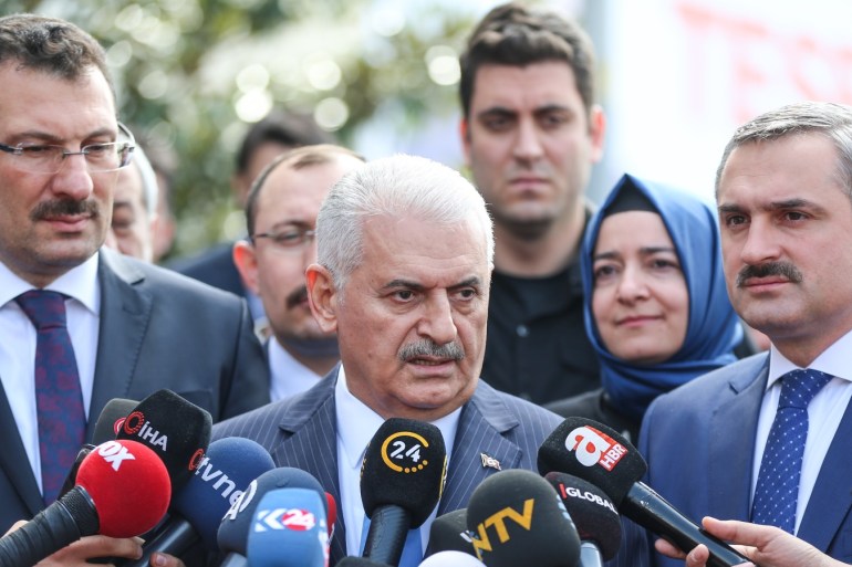 AK Party’s Istanbul mayoral candidate Yildirim- - ISTANBUL, TURKEY - APRIL 01: Turkey’s ruling Justice and Development (AK) Party’s Istanbul mayoral candidate Binali Yildirim speaks to press prior to his arrival at AK Party Istanbul Provincial Directorate in Istanbul, Turkey on April 01, 2019.