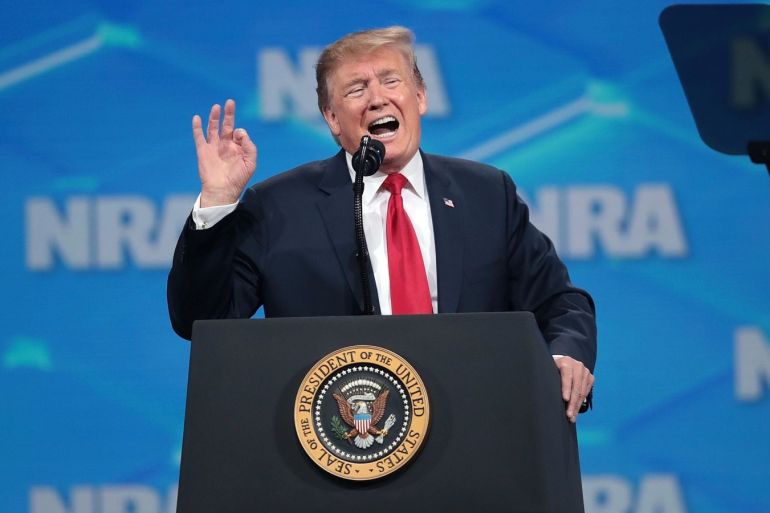 INDIANAPOLIS, INDIANA - APRIL 26: US President Donald Trump speaks to guests at the NRA-ILA Leadership Forum at the 148th NRA Annual Meetings & Exhibits on April 26, 2019 in Indianapolis, Indiana. The convention, which runs through Sunday, features more than 800 exhibitors and is expected to draw 80,000 guests. Scott Olson/Getty Images/AFP== FOR NEWSPAPERS, INTERNET, TELCOS & TELEVISION USE ONLY ==