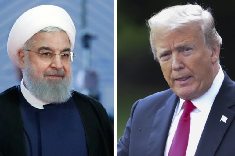epa06931718 (FILE) - A combo photograph issued on 07 August 2018 shows Iranian President Hassan Rouhani (L) arriving for the Shanghai Cooperation Organization (SCO) summit 2018 summit in Qingdao, China, 10 June 2018, and US President Donald J. Trump (R) walking toward Marine One on the South Lawn of the White House in Washington, DC, USA, 31 July 2018. Media reported that following the re-imposing of sanctions by the US against Iran, Rouhani said that 'offering negotia
