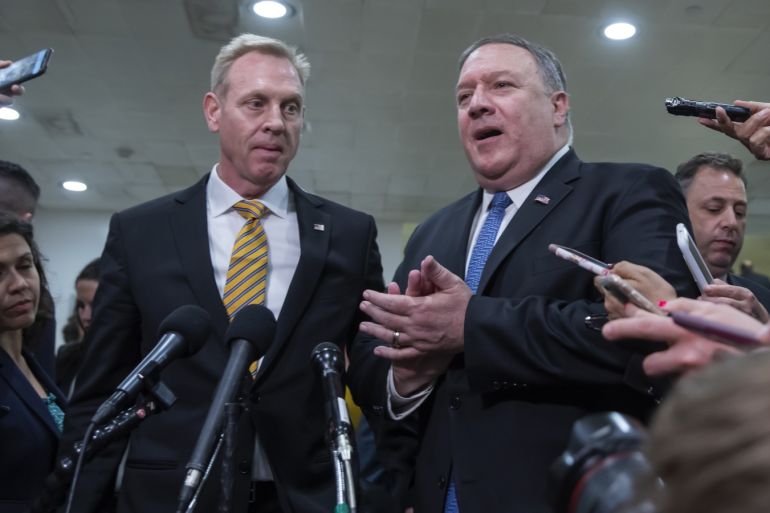 epa07590392 US Secretary of State Mike Pompeo (R) and Acting Defense Secretary Patrick Shanahan (L) speak to the new media after giving a classified intelligence briefings on Iran to members Congress at the Capitol in Washington, DC, USA, 21 May 2019. The administration of President Trump briefed Congress on intelligence that has prompted the US military build up against reported Iranian threats in the Persian Gulf region. EPA-EFE/ERIK S. LESSER