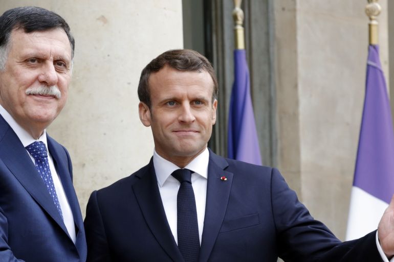 French president Emmanuel Macron meets Libyan Prime Minister Fayez Al-Sarraj who heads the UN-backed government in Tripoli at the Elysee Palace in Paris France May 8 2019. REUTERS/Philippe Wojazer