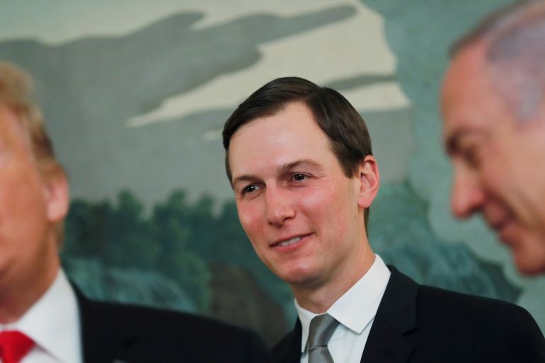 White House senior advisor Jared Kushner smiles while listening to U.S. President Donald Trump talk as the president meets with Israel's Prime Minister Benjamin Netanyahu at the White House in Washington, U.S., March 25, 2019. REUTERS/Carlos Barria TPX IMAGES OF THE DAY