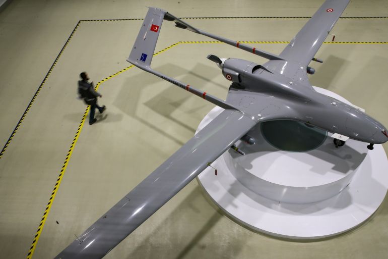 Turkey's latest heavy armed UAV - - ISTANBUL, TURKEY - JUNE 13: The new heavy armed unmanned aerial vehicle (UAV), called combat drone 'Akinci' developed by Turkish unmanned aircraft producer Baykar Makina is seen on June 13, 2018 in Istanbul, Turkey. It is expected that Akinci will start to fly in the beginning of 2019. TB2 armed drones fulfil a duty in Turkish Armed Forces, Gendarmerie General Command and Turkish National Police Department for 3 years.