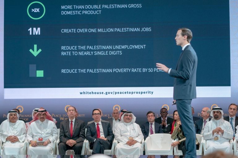 US-led economic conference in Bahrain- - MANAMA, BAHREIN - JUNE 25: Jared Kushner, U.S. President Donald Trump’s senior White House adviser and son-in-law makes his opening speech at Bahrain Workshop in Manama, Bahrain on June 25, 2019. A U.S.-led conference on its back-channel Middle East peace plan