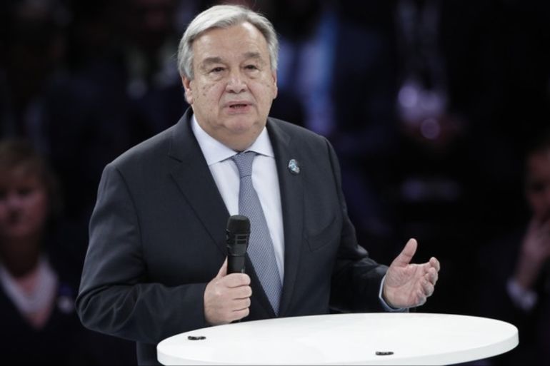 epa07159005 United Nation Secretary General Antonio Guterres delivers a speech at the opening of the Paris Peace Forum as part of the international commemoration ceremony for the Centenary of the WWI Armistice of 11 November 1918, at the Grande Hall de La Villette in Paris, France, 11 November 2018. World leaders have gathered in France to mark the 100th anniversary of the First World War Armistice with services taking place across the world to commemorate the occasion.