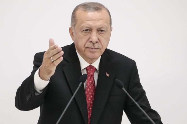 G20 Summit in Osaka- - OSAKA, JAPAN - JUNE 29: President of Turkey, Recep Tayyip Erdogan speaks during a press conference on the second day of the G20 summit at INTEX Osaka Exhibition Center in Osaka, Japan on June 29, 2019.