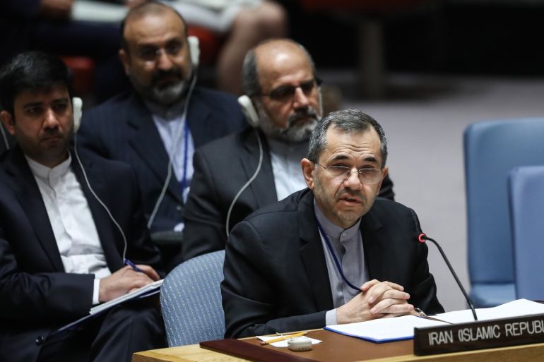 United Nations Security Council Meeting- - NEW YORK, USA - JUNE 26: Iran's Ambassador to the United Nations (UN) Majid Takht Ravanchi delivers a speech during the U.N. Security Council on implementation of the resolution that endorsed the Iran nuclear deal at United Nations Headquarters in New York, United States on June 26, 2019.
