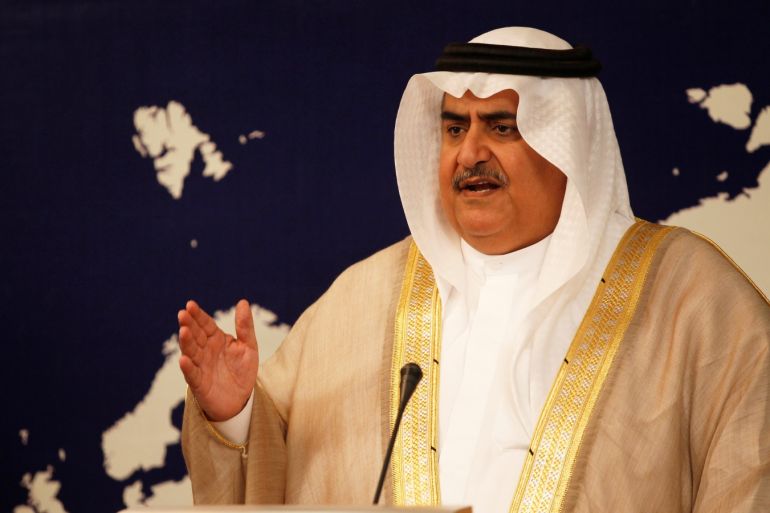 FILE PHOTO: Bahrain Foreign Minister Sheikh Khalid bin Ahmed Al Khalifa speaks during a news conference in Manama, Bahrain, August 29, 2016. REUTERS/Hamad I Mohammed/File Photo