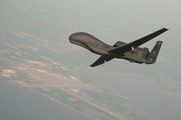 A RQ-4 Global Hawk drone is conducting tests over Naval Air Station Patuxent River, Maryland, U.S. in this undated U.S. Navy