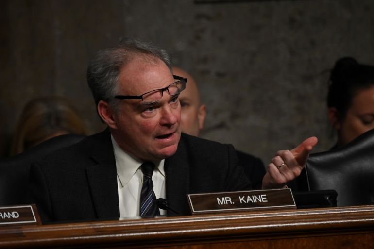 Senator Tim Kaine (D-MN) questions panelists testifying before Senate Armed Services subcommittees on the Military Housing Privatization Initiative in Washington, U.S. February 13, 2019. REUTERS/Erin Scott