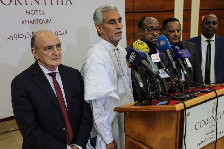 Peace talks in Sudan postponed to Sunday- - KHARTOUM, SUDAN - JULY 13: AU Special Envoy Mohamed El Hacen Lebatt (left 2), holds a press conference upon the talks between the ruling Transitional Military Council (TMC) and opposition alliance of Forces for Freedom and Change (FFC), in Khartoum, Sudan on July 13, 2019.