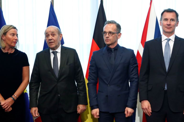 European Union High Representative for Foreign Affairs and Security Policy Federica Mogherini, French Foreign Minister Jean-Yves Le Drian, German Foreign Minister Heiko Maas and Britain's Foreign Secretary Jeremy Hunt pose before a meeting at the European Council in Brussels, Belgium, May 13, 2019. REUTERS/Francois Lenoir/Pool