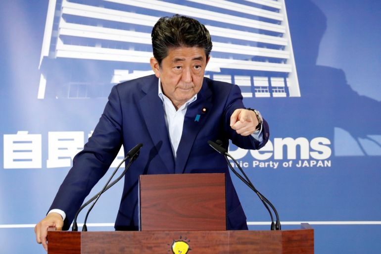 Japan's Prime Minister Shinzo Abe, who is also leader of the Liberal Democratic Party (LDP), attends a news conference a day after an upper house election at LDP headquarters in Tokyo, Japan July 22, 2019. REUTERS/Issei Kato