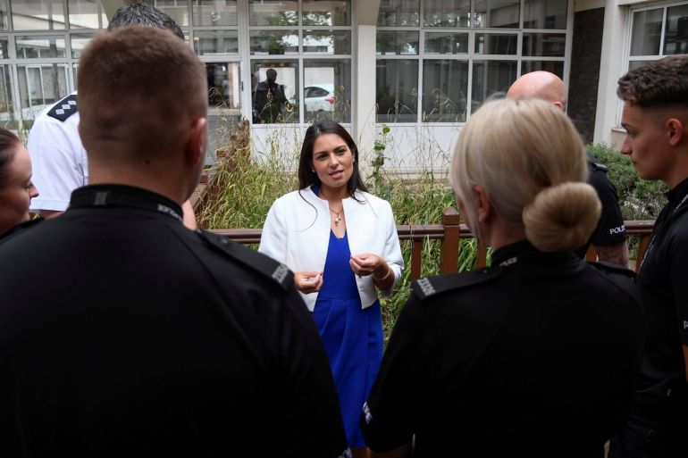 Britain's Home Secretary Priti Patel speaks to new graduates from the West Midlands Police Learning & Development Centre in Birmingham, Britain July 26, 2019. REUTERS/Toby Melville/Pool