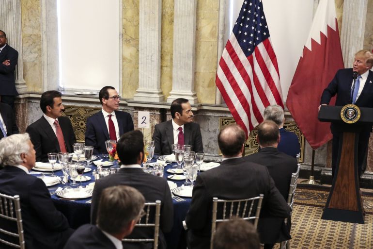 epa07704439 United States President Donald Trump (R) speaks during a dinner hosted by the Secretary of the Treasury in honor of Qatar's Emir Sheikh Tamim bin Hamad Al Thani in Washington, DC, USA, 08 July 2019. EPA-EFE/OLIVER CONTRERAS / POOL