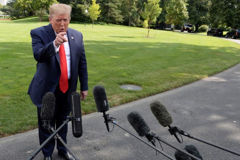 U.S. President Donald Trump speaks to the media before departing the White House en route West Virginia in Washington, U.S., July 24, 2019. REUTERS/Mary F. Calvert
