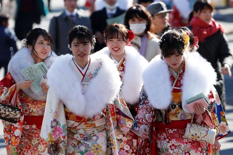 Japanese women wearing kimonos attend their Coming of Age Day celebration ceremony at Toshimaen amusement park in Tokyo, Japan January 14, 2019. REUTERS/Issei Kato
