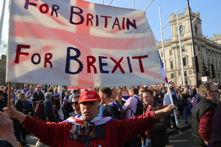 Pro Brexit demonstration in London- - LONDON, UNITED KINGDOM - MARCH 29: Pro Brexit protesters gather to stage a demonstration at Parliament Square as British MPs debate the Brexit deal before voting it for the third time in London, United Kingdom on March 29, 2019.