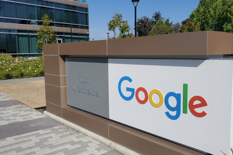 A sign is pictured outs a Google offcie near the company's headquarters in Mountain View, California, U.S., May 8, 2019. Photo taken May 8, 2019. REUTERS/Dave Paresh