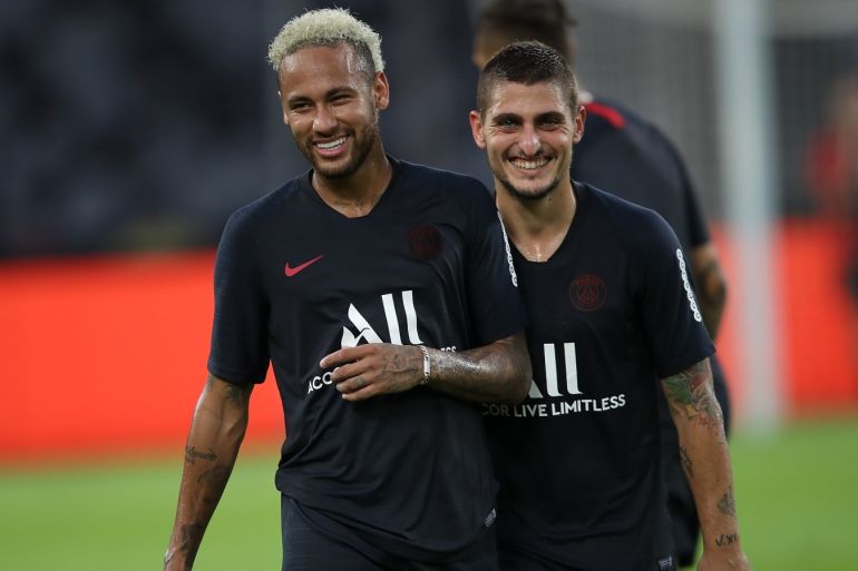 SHENZHEN, CHINA - AUGUST 02: Neymar Jr of Paris Saint-Germain talk with Leandro Paredes during the training session ahead of the French Trophy of Champions football match between Rennes and Paris Saint-Germain at Shenzhen Universiadg Sports Center stadium on August 2, 2019 in Shenzhen, China. (Photo by Lintao Zhang/Getty Images)