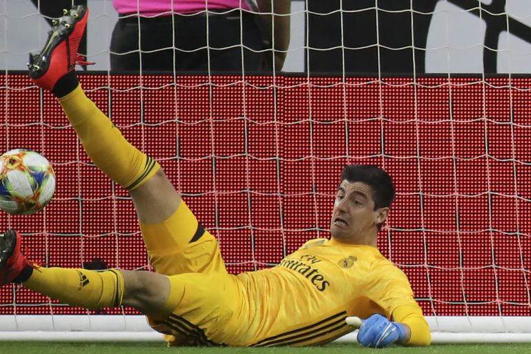 Jul 20, 2019; Houston, TX, USA; Real Madrid goalkeeper Thibaut Courtois (13) makes a save during the first half against Bayern Munich in the International Champions Cup soccer series at NRG Stadium. Mandatory Credit: Kevin Jairaj-USA TODAY Sports