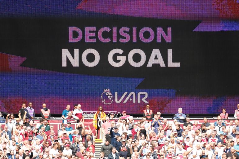 Soccer Football - Premier League - West Ham United v Manchester City - London Stadium, London, Britain - August 10, 2019 A scoreboard displays the VAR decision to disallow a goal scored by Manchester City's Gabriel Jesus Action Images via Reuters/John Sibley EDITORIAL USE ONLY. No use with unauthorized audio, video, data, fixture lists, club/league logos or