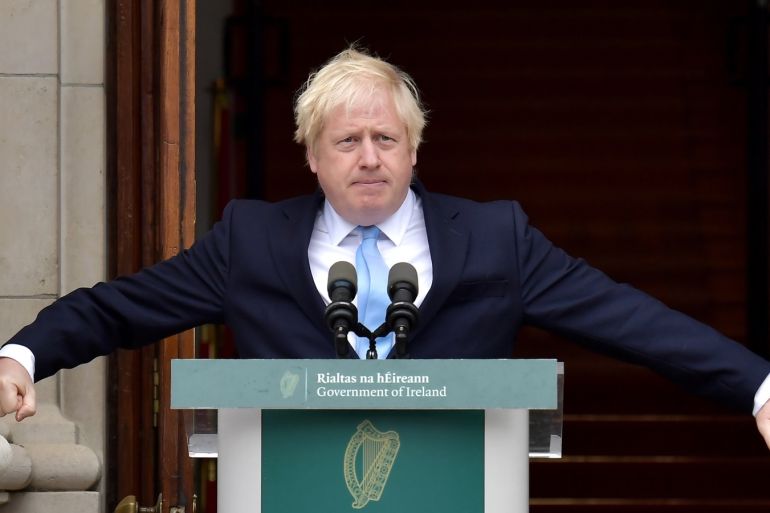 DUBLIN, IRELAND - SEPTEMBER 09: British Prime Minister Boris Johnson speaks to the media ahead of his meeting with Irish Taoiseach Leo Varadkar at Government Buildings on September 9, 2019 in Dublin, Ireland. The meeting between the Prime Minister and the Taoiseach focused on Brexit negotiations, with Varadkar warning Johnson that leaving the EU with no deal risked causing instability in Northern Ireland. (Photo by Charles McQuillan/Getty Images)