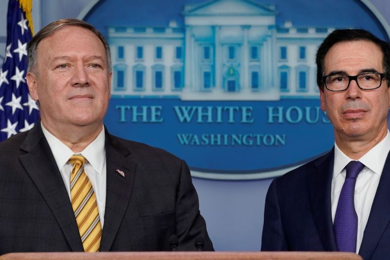 U.S. Secretary of State Mike Pompeo and Treasury Secretary Steve Mnuchin brief reporters at the White House in Washington, U.S., September 10, 2019. REUTERS/Kevin Lamarque