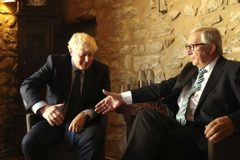 LUXEMBOURG, LUXEMBOURG - SEPTEMBER 16: European Commission President Jean-Claude Juncker (R) poses with British Prime Minister Boris Johnson prior to a meeting at a restaurant on September 16, 2019 in Luxembourg. British Prime Minister Boris Johnson is holding his first meeting with European Commission President Jean-Claude Juncker in search of a Brexit deal. (Photo by Francisco Seco - Pool/Getty Images)