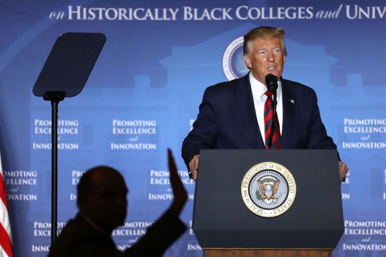 WASHINGTON, DC - SEPTEMBER 10: U.S. President Donald Trump addresses the National Historically Black Colleges and Universities Week Conference at the Renaissance Hotel September 10, 2019 in Washington, DC. Earlier in the day Trump fired his National Security Advisor John Bolton. Chip Somodevilla/Getty Images/AFP== FOR NEWSPAPERS, INTERNET, TELCOS & TELEVISION USE ONLY ==