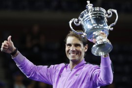 Sep 8, 2019; Flushing, NY, USA; Rafael Nadal of Spain celebrates with the championship trophy during the ceremony after his match against Daniil Medvedev of Russia (not pictured) in the menÕs singles final on day fourteen of the 2019 US Open tennis tournament at USTA Billie Jean King National Tennis Center. Mandatory Credit: Geoff Burke-USA TODAY Sports