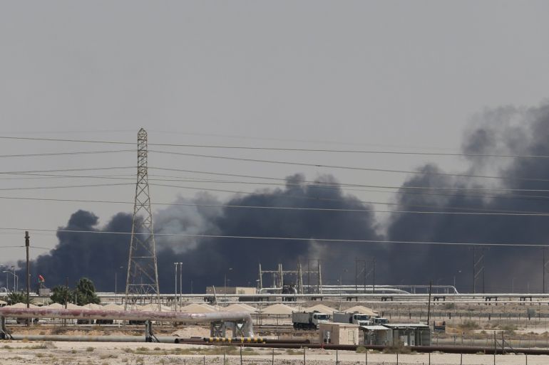 Smoke is seen following a fire at Aramco facility in the eastern city of Abqaiq, Saudi Arabia, September 14, 2019. REUTERS/Stringer