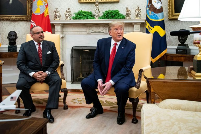 U.S. President Donald Trump speaks to reporters during a meeting with Bahrain Crown Prince Salman bin Hamad Al Khalifa in the Oval Office of the White House in Washington, U.S., September 16, 2019. REUTERS/Al Drago