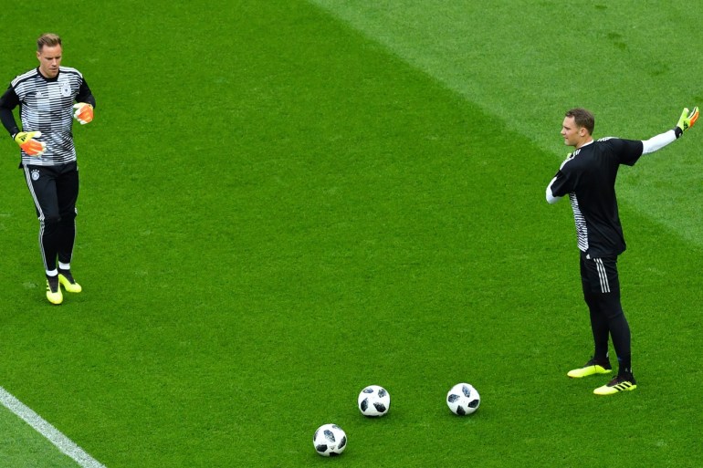 Soccer Football - World Cup - Group F - South Korea vs Germany - Kazan Arena, Kazan, Russia - June 27, 2018 Germany's Manuel Neuer and Marc-Andre ter Stegen during the warm up before the match REUTERS/Dylan Martinez