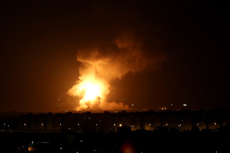 Israeli airstrike over Gaza- - GAZA CITY, GAZA - SEPTEMBER 11 : Smoke and flames rise from the Deir El Belah area, after Israeli fighter jets carried out airstrikes towards different points of Gaza Strip in Gaza City, Gaza on September 11, 2019.