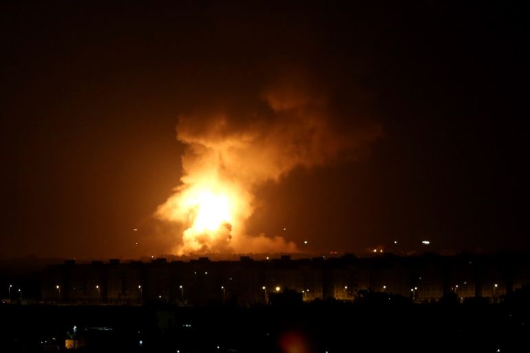 Israeli airstrike over Gaza- - GAZA CITY, GAZA - SEPTEMBER 11 : Smoke and flames rise from the Deir El Belah area, after Israeli fighter jets carried out airstrikes towards different points of Gaza Strip in Gaza City, Gaza on September 11, 2019.