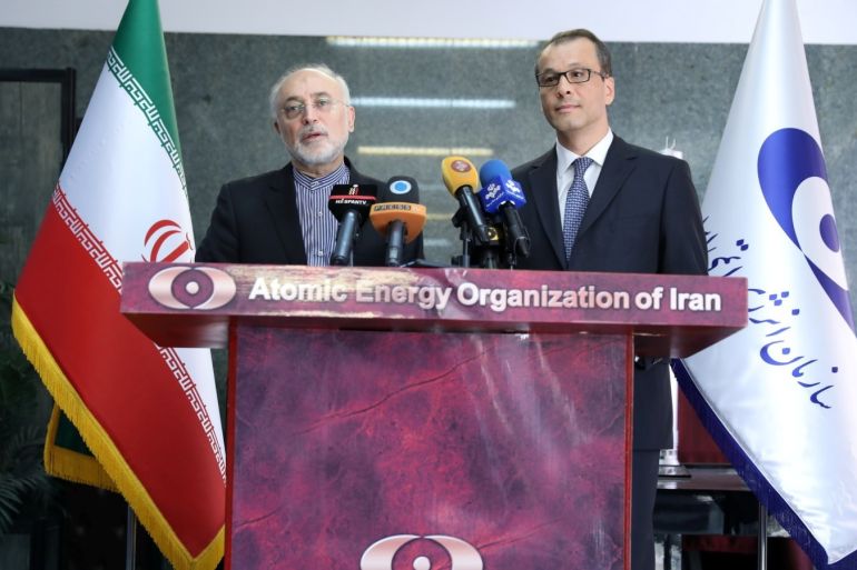 Ali Akbar Salehi, director of Iran's nuclear energy agency speaks during a news conference with the acting head of the U.N. nuclear watchdog (IAEA), Cornel Feruta, in Tehran, Iran September 8, 2019. PR of IAEO (Iran's Atomic Energy Organization)/WANA (West Asia News Agency) via REUTERS ATTENTION EDITORS - THIS IMAGE HAS BEEN SUPPLIED BY A THIRD PARTY.