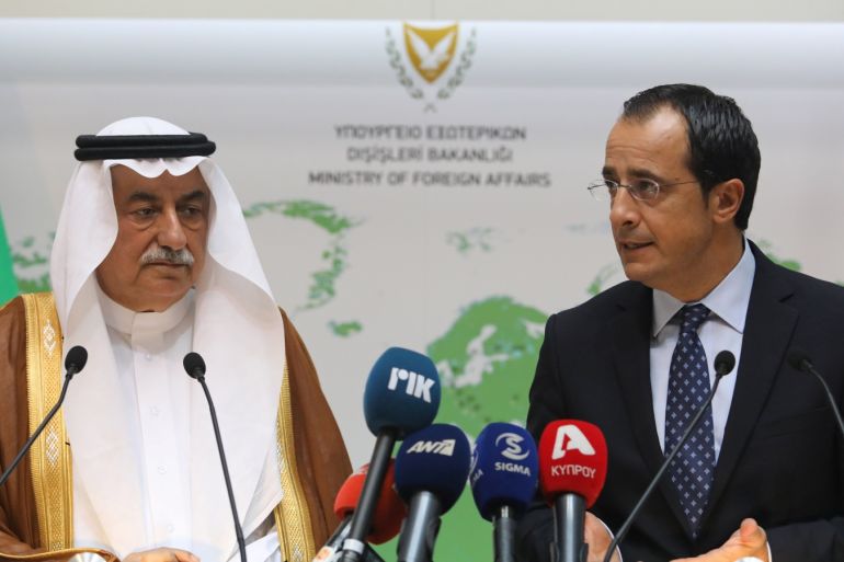 Cypriot Foreign Minister Nikos Christodoulides talks with Saudi Foreign Minister Ibrahim Abdulaziz Al-Assaf during a news conference at the Ministry of Foreign Affairs in Nicosia, Cyprus September 11, 2019. REUTERS/Yiannis Kourtoglou