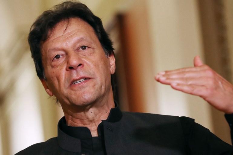 WASHINGTON, DC - JULY 23: Pakistan Prime Minister Imran Khan makes a brief statement to reporters before a meeting with U.S. House Speaker Nancy Pelosi (D-CA) at the U.S. Capitol July 23, 2019 in Washington, DC. In remarks before the meeting, Khan said that U.S.-Pakistan relations need to be reset. Chip Somodevilla/Getty Images/AFP== FOR NEWSPAPERS, INTERNET, TELCOS & TELEVISION USE ONLY ==