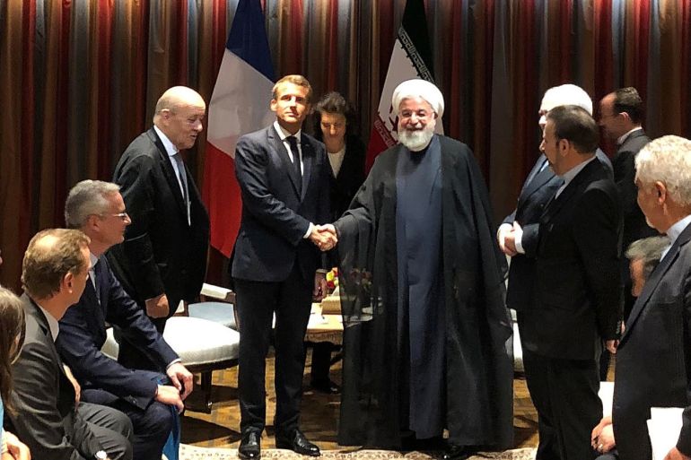 French President Emmanuel Macron shakes hands with Iranian President Hassan Rouhani during their meeting on the sidelines of the United Nations General Assembly in New York, U.S., September 23, 2019. REUTERS/John Irish