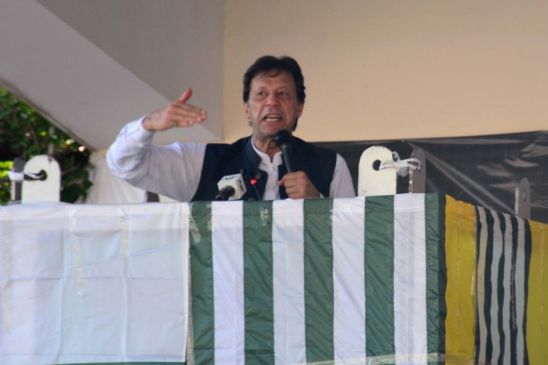 Pakistani Prime Minister Imran Khan- - MUZAFFARABD, PAKISTAN, SEPTEMBER 13: Pakistani Prime Minister Imran Khan addresses a massive public gathering in Muzaffarabad, the capital of Pakistan-administered Kashmir, on September 13, 2019, to highlight the Kashmir issue to the world community.