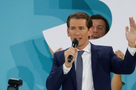 Peoples Party (OeVP) top candidate and former Chancellor Sebastian Kurz addresses supporters after Austria's snap parliamentary election in Vienna, Austria September 29, 2019. REUTERS/Leonhard Foeger