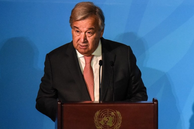 NEW YORK, NY - SEPTEMBER 23: United Nations Secretary-General António Guterres speaks at the Climate Action Summit at the United Nations on September 23, 2019 in New York City. While the United States will not be participating, China and about 70 other countries are expected to make announcements concerning climate change. The summit at the U.N. comes after a worldwide Youth Climate Strike on Friday, which saw millions of young people around the world demanding action to address the climate crisis. Stephanie Keith/Getty Images/AFP== FOR NEWSPAPERS, INTERNET, TELCOS & TELEVISION USE ONLY ==