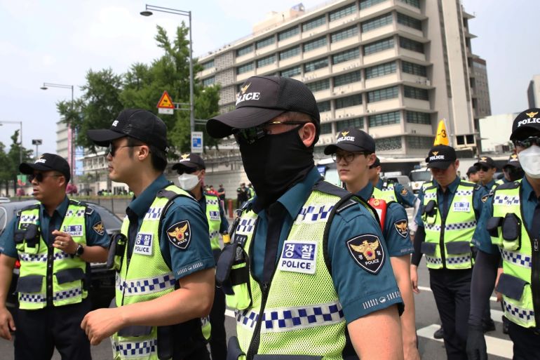 SEOUL, SOUTH KOREA - JUNE 28: South Korean police stand guard in front of U.S. embassy, ahead of U.S. President Donald Trump's scheduled visit on June 28, 2019 in Seoul, South Korea. Donald Trump is scheduled to be in South Korea for two days. (Photo by Chung Sung-Jun/Getty Images)